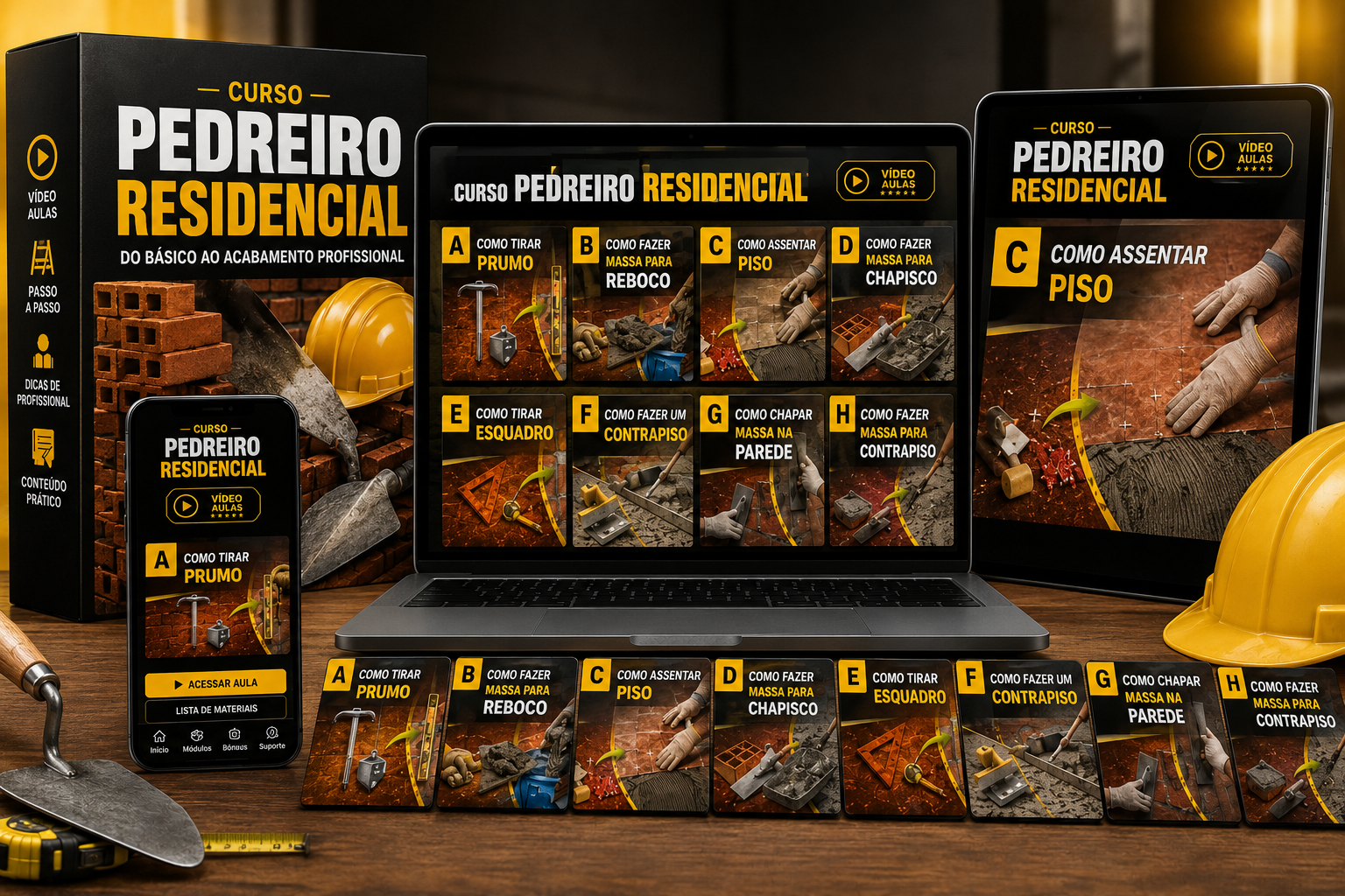 Mockup do curso Pedreiro Residencial exibido em caixa, notebook, tablet e celular com as aulas em vídeo