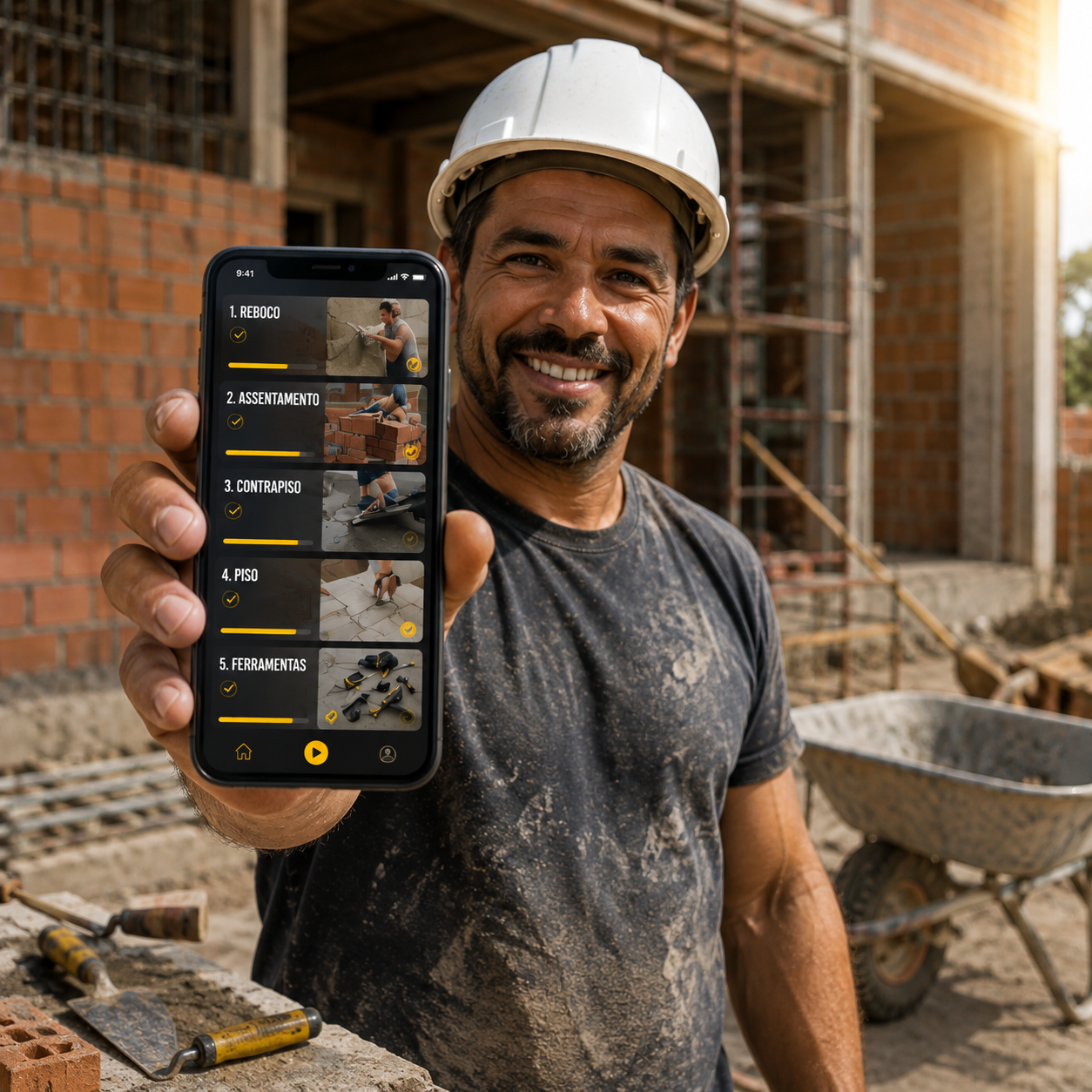 Pedreiro profissional sorridente com capacete em obra segurando o celular com o curso, representando a segurança de dominar cada serviço